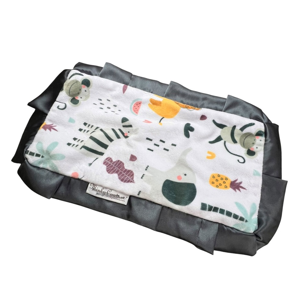 Minky Couture Mini Security Blanket Safari Animals Grey Satin Border 10x18